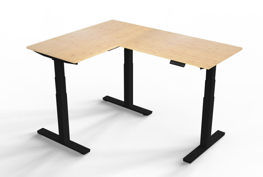 l shaped adjustable desk black frame bamboo desktop corner standing desk
