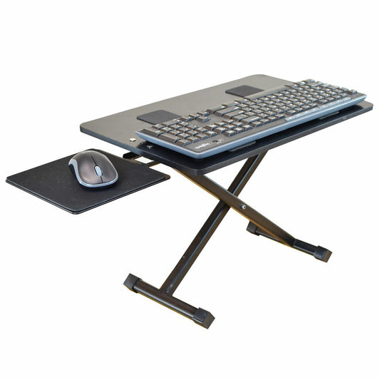 Standing desk keyboard tray that raises computer keyboards to a comfortable standing height. The computer keyboard stand is adjustable in height and tilt