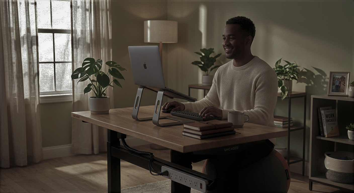 Person working comfortably with Uncaged Ergonomics products in a bright home office