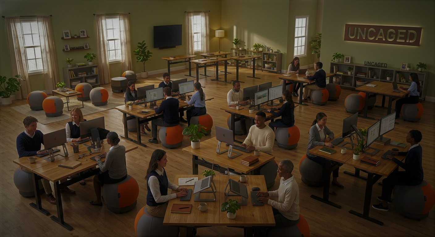 Commercial workspace furnished with multiple Uncaged Ergonomics standing desks and accessories