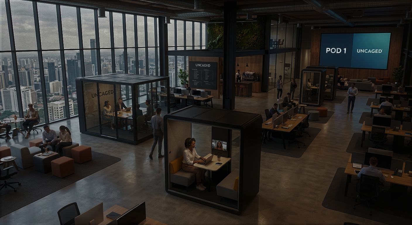Uncaged Ergonomics office pod installed in a modern shared workplace